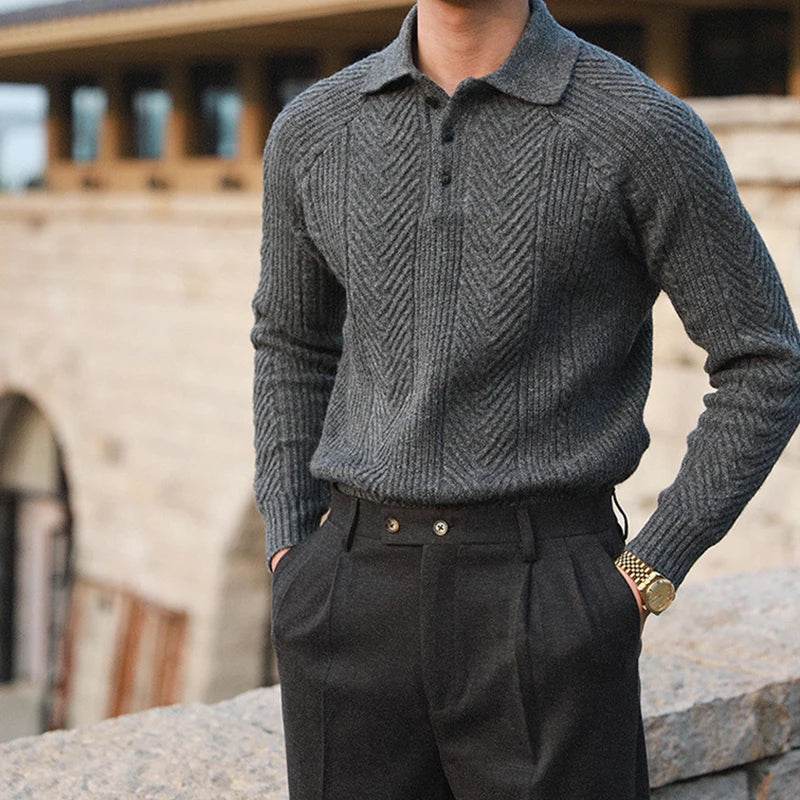 Elliott | Men's Knit Polo Sweater with Chevron and Rib Texture, Relaxed Fit