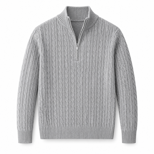 Ardsley cable knit quarter zip sweater in Gray on white background