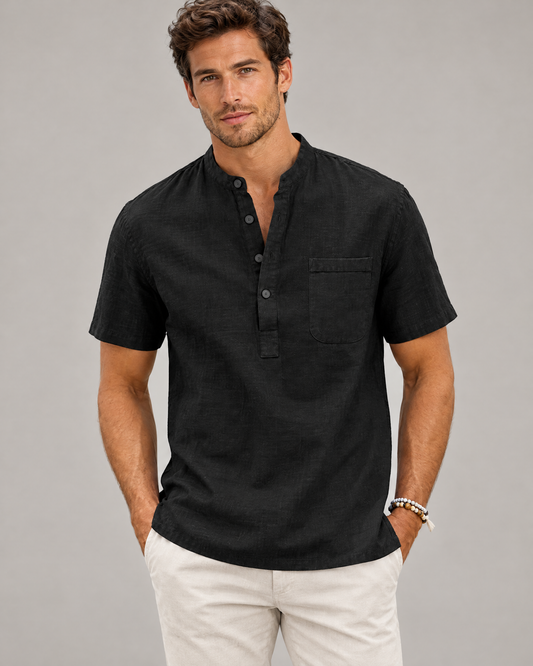 Black henley short sleeve linen blend shirt for men, studio front view