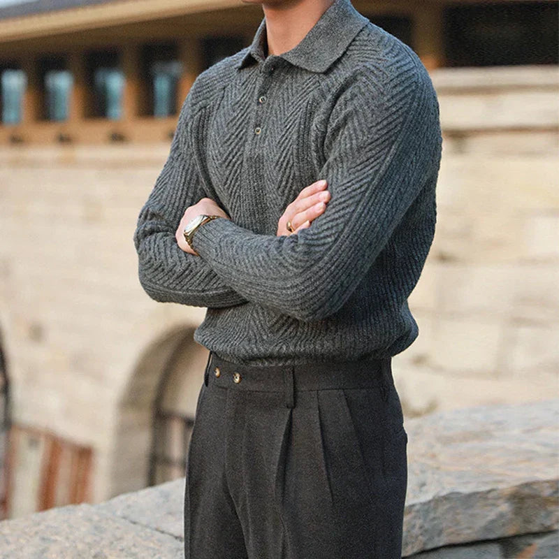 Elliott | Men's Knit Polo Sweater with Chevron and Rib Texture, Relaxed Fit
