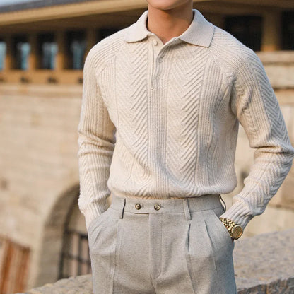 Elliott | Men's Knit Polo Sweater with Chevron and Rib Texture, Relaxed Fit