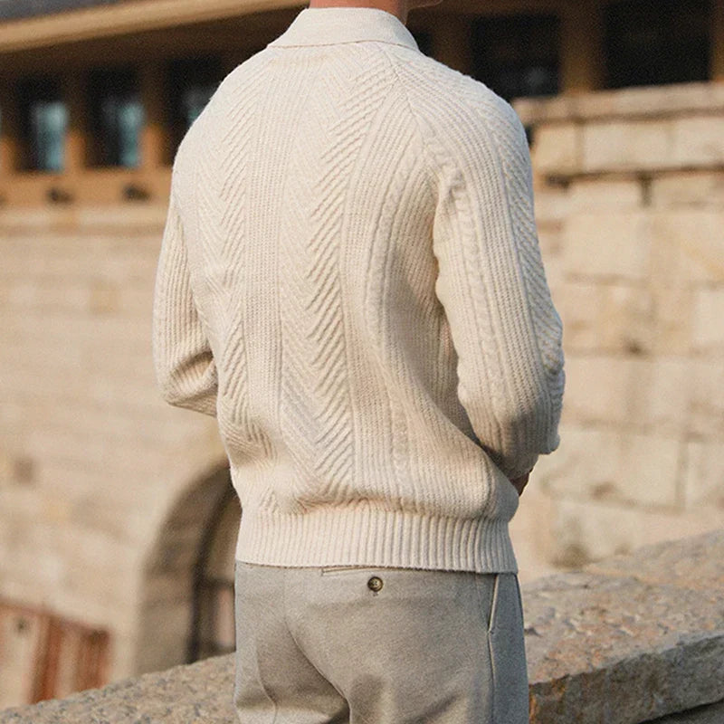 Elliott | Men's Knit Polo Sweater with Chevron and Rib Texture, Relaxed Fit