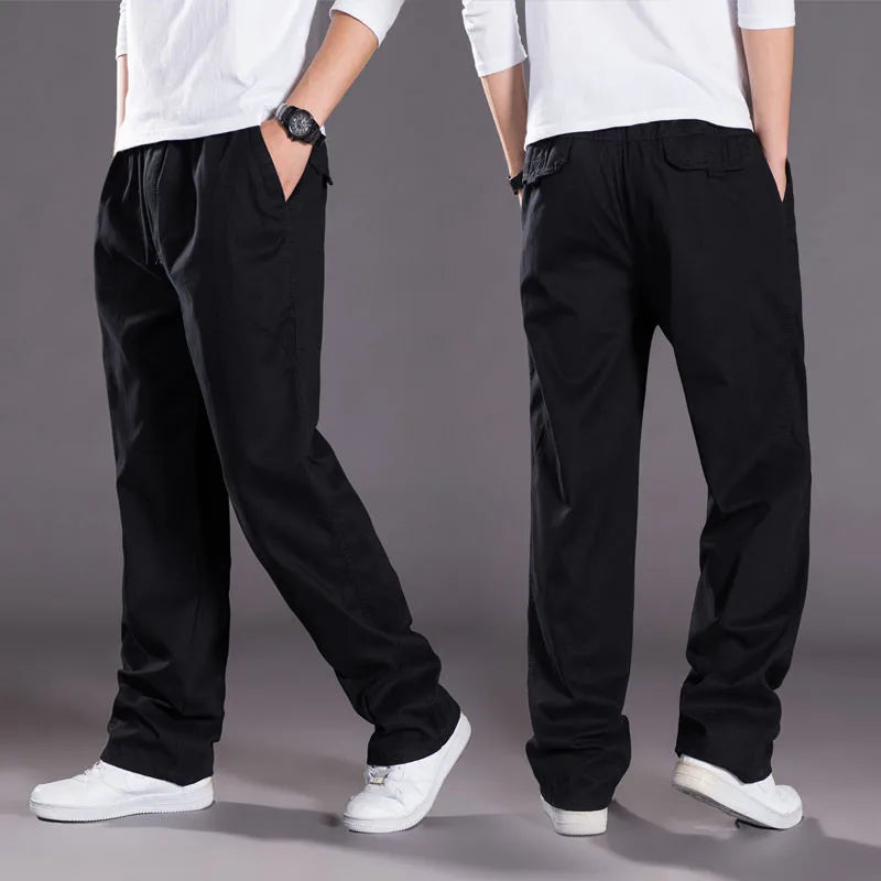 Garrett | Men's Cotton Cargo Pants Straight Leg Elastic Waist Work Trousers with Side Pockets