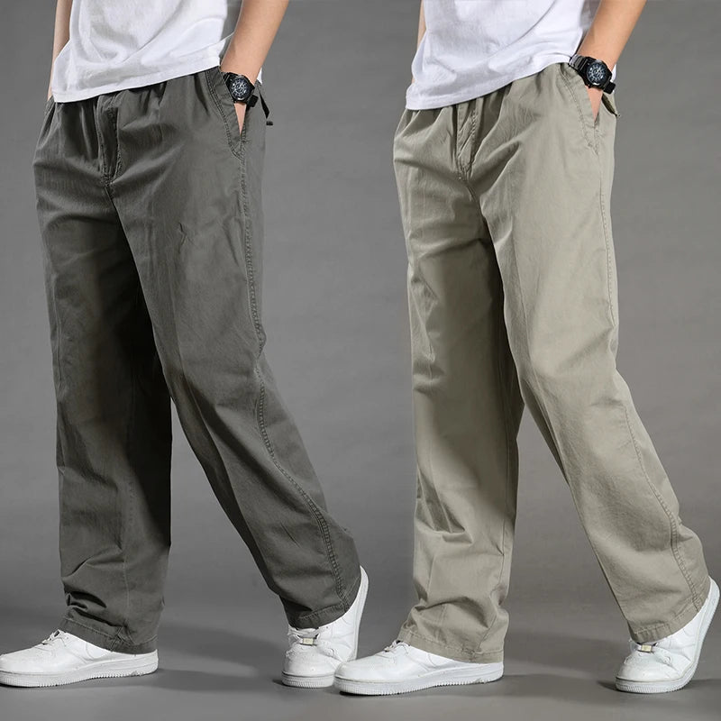 Garrett | Men's Cotton Cargo Pants Straight Leg Elastic Waist Work Trousers with Side Pockets