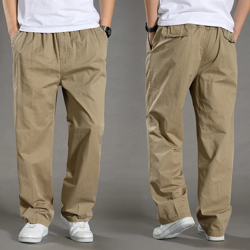 Garrett | Men's Cotton Cargo Pants Straight Leg Elastic Waist Work Trousers with Side Pockets