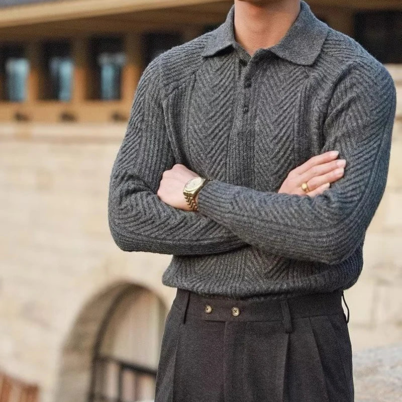 Elliott | Men's Knit Polo Sweater with Chevron and Rib Texture, Relaxed Fit