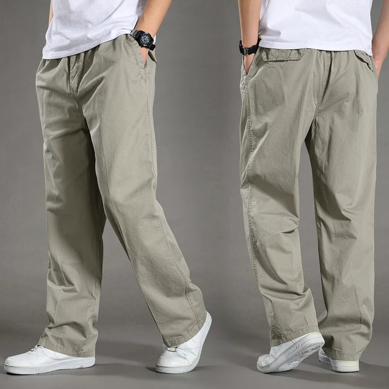Garrett | Men's Cotton Cargo Pants Straight Leg Elastic Waist Work Trousers with Side Pockets