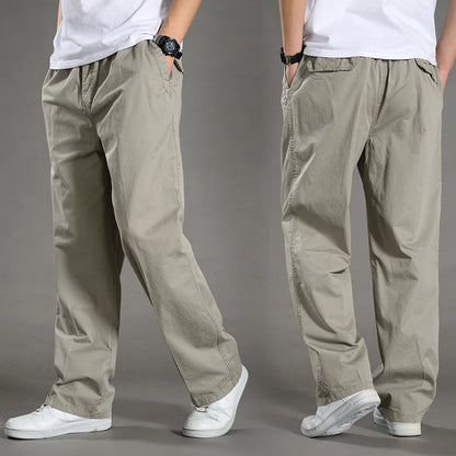 Garrett | Men's Cotton Cargo Pants Straight Leg Elastic Waist Work Trousers with Side Pockets