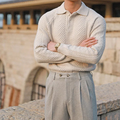 Elliott | Men's Knit Polo Sweater with Chevron and Rib Texture, Relaxed Fit