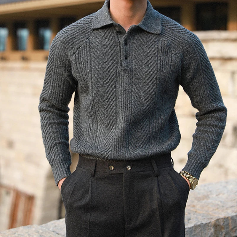 Elliott | Men's Knit Polo Sweater with Chevron and Rib Texture, Relaxed Fit