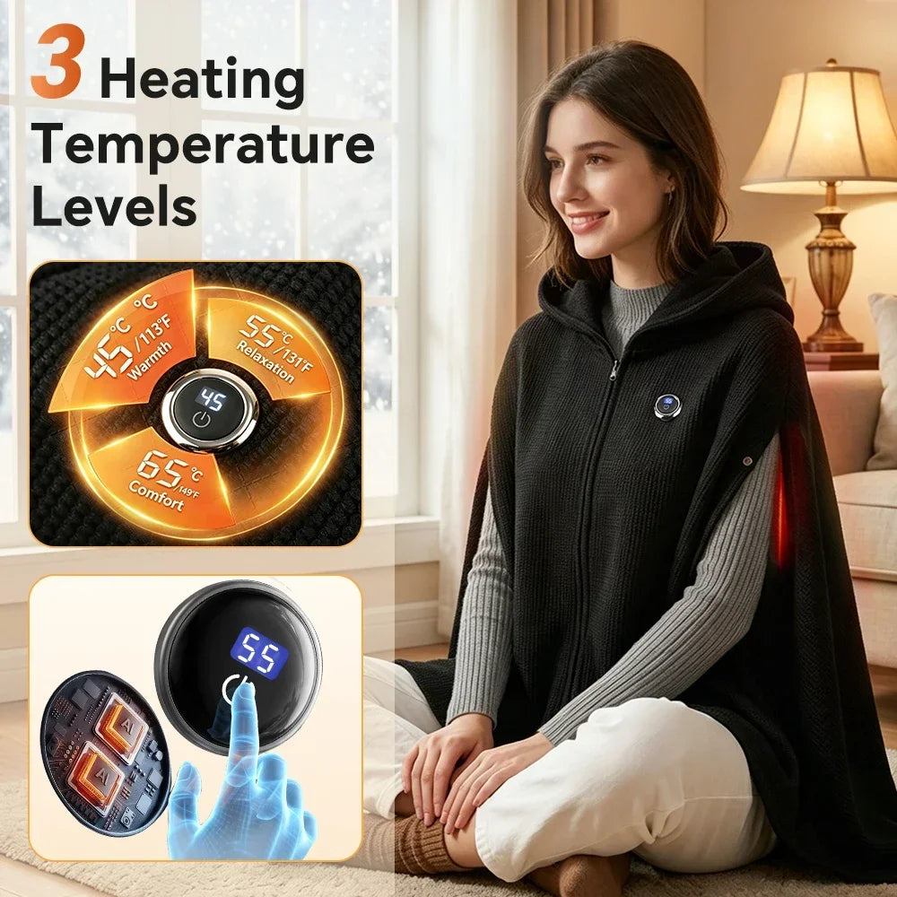 Ainsley | Heated Hooded Wearable Blanket Shawl USB Graphene Heating Poncho with Hand Openings