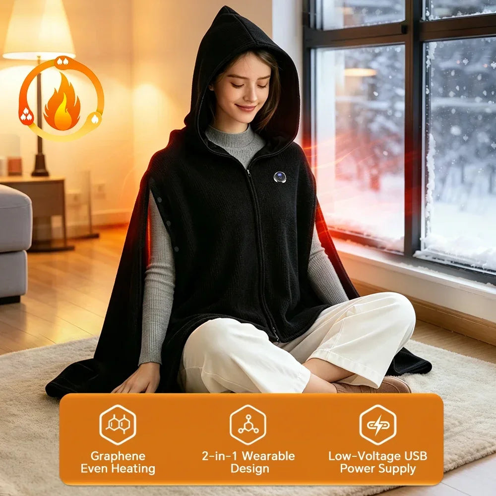 Ainsley | Heated Hooded Wearable Blanket Shawl USB Graphene Heating Poncho with Hand Openings