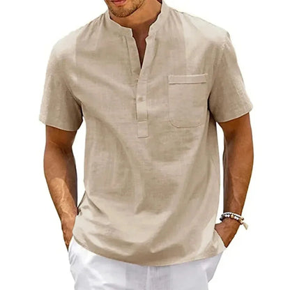 Alden | Men's Linen Blend Henley Short Sleeve Shirt with Chest Pocket for Summer
