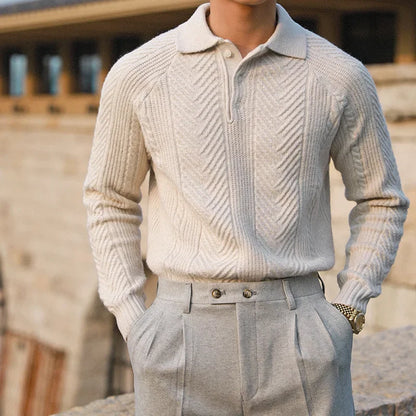 Elliott | Men's Knit Polo Sweater with Chevron and Rib Texture, Relaxed Fit