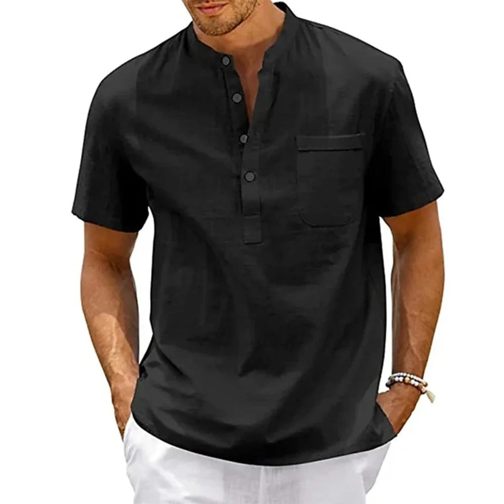 Alden | Men's Linen Blend Henley Short Sleeve Shirt with Chest Pocket for Summer