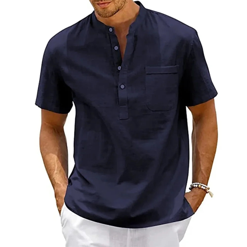 Alden | Men's Linen Blend Henley Short Sleeve Shirt with Chest Pocket for Summer