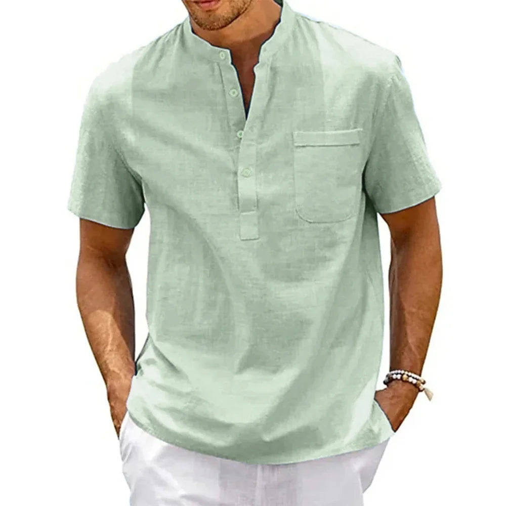 Alden | Men's Linen Blend Henley Short Sleeve Shirt with Chest Pocket for Summer