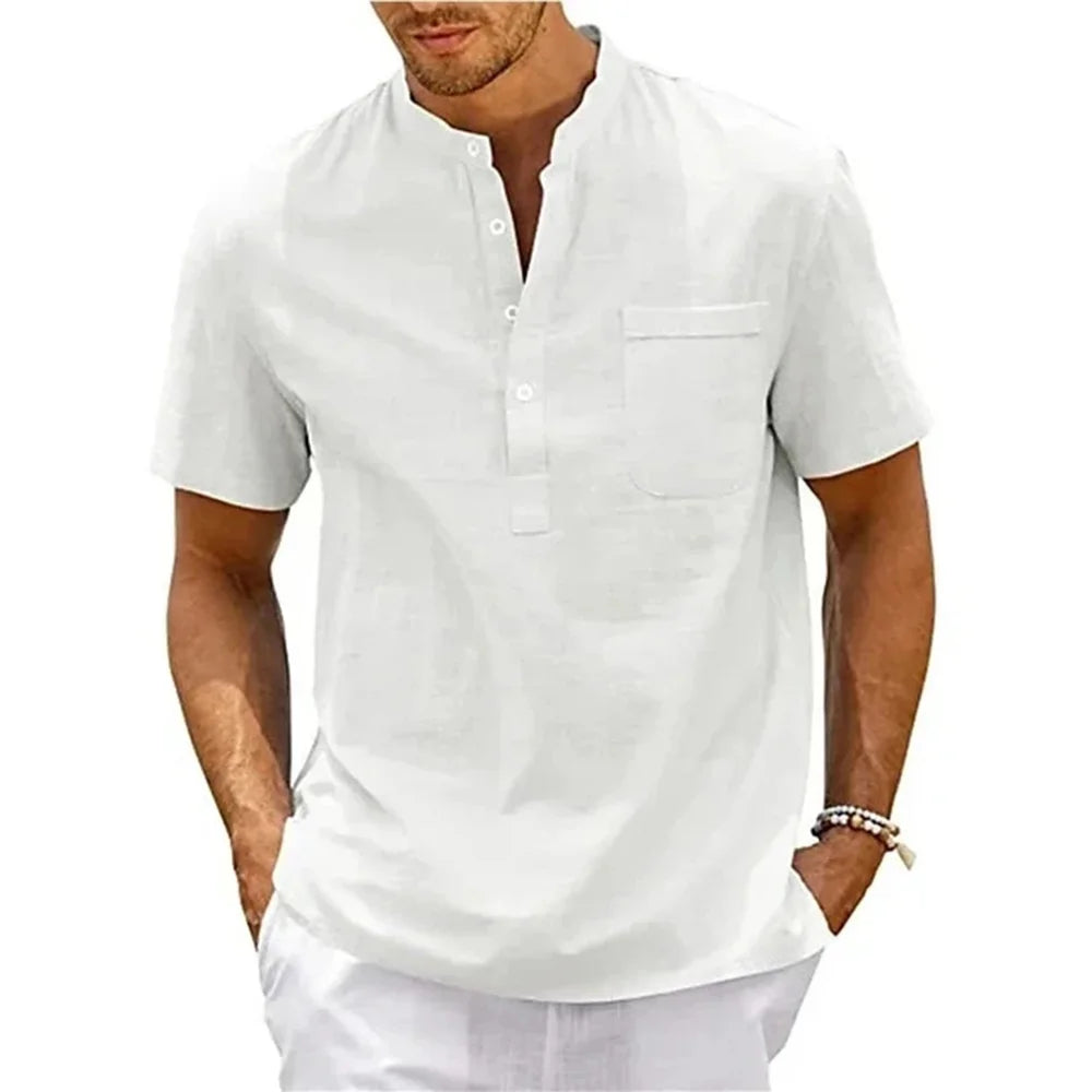Alden | Men's Linen Blend Henley Short Sleeve Shirt with Chest Pocket for Summer