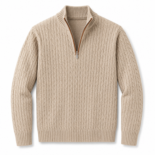 Ardsley cable knit quarter zip sweater in Oatmeal on white background