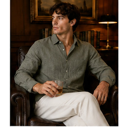 Cassian Olive linen blend shirt lifestyle