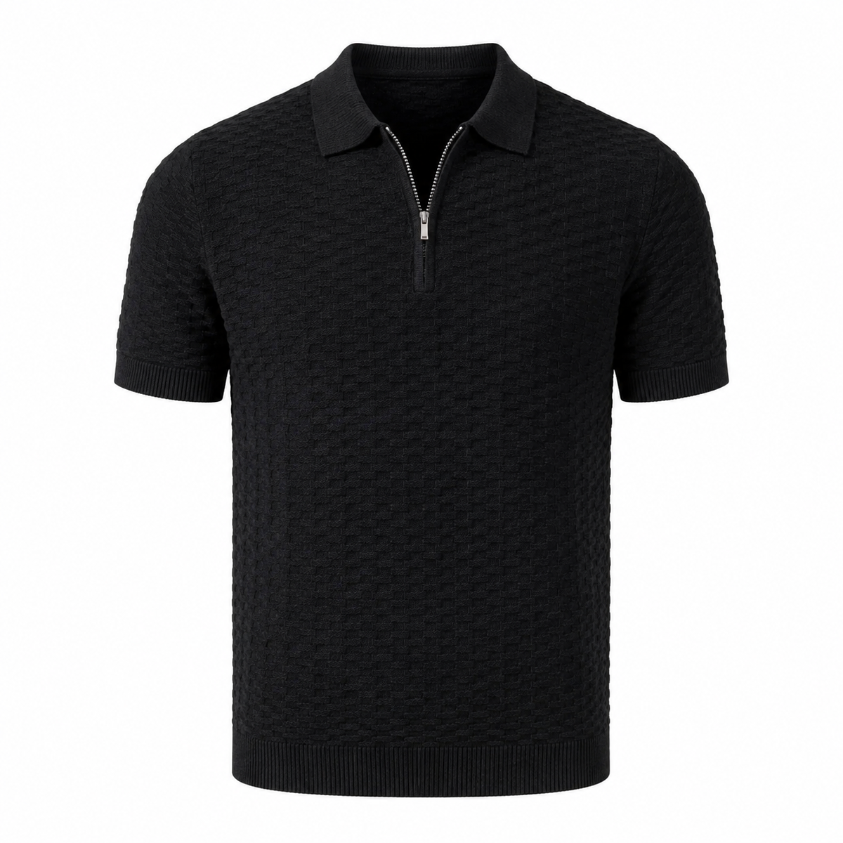 Halston Black textured knit half zip polo on white background