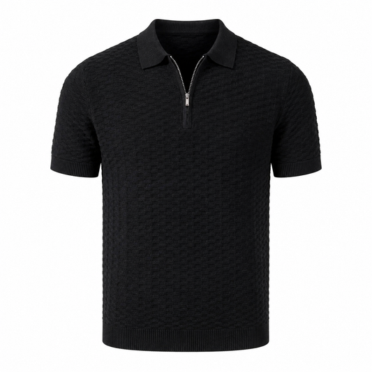 Halston Black textured knit half zip polo on white background