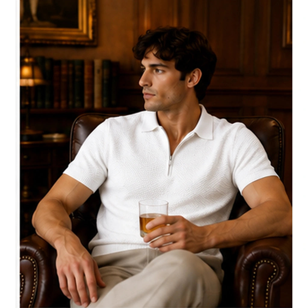 Halston White textured knit half zip polo lifestyle