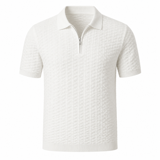 Halston White textured knit half zip polo on white background