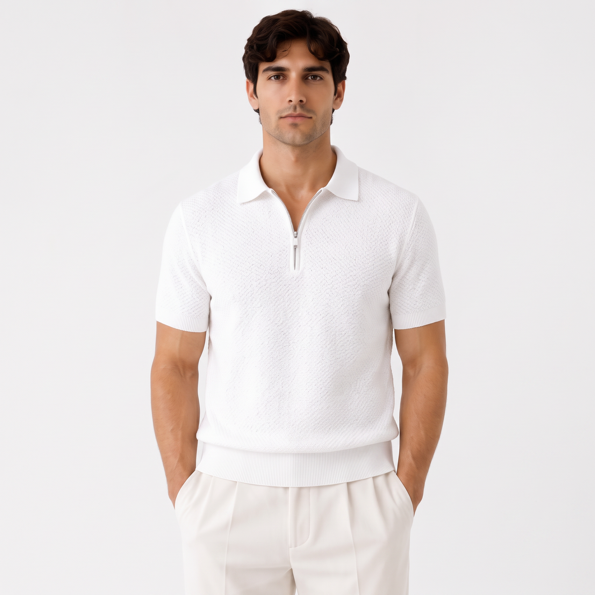 Halston white front - textured knit half-zip polo