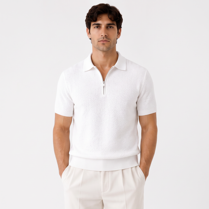 Halston white front - textured knit half-zip polo