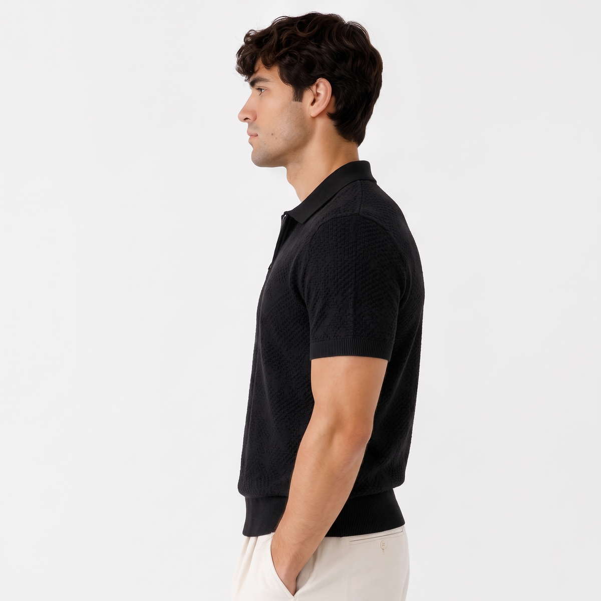 Halston black side - textured knit half-zip polo