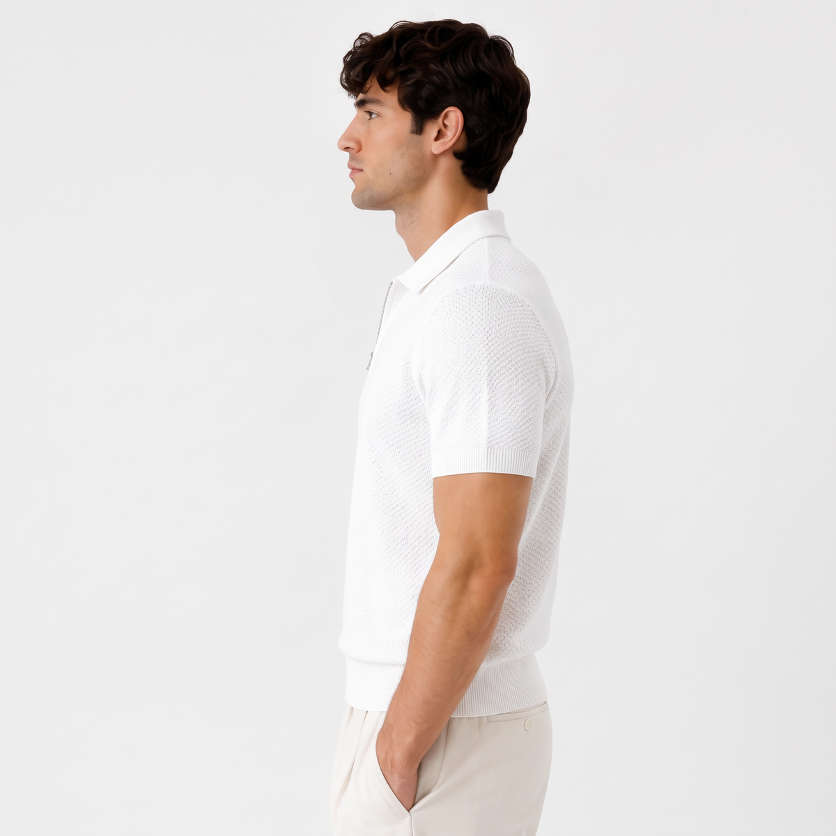 Halston white side - textured knit half-zip polo