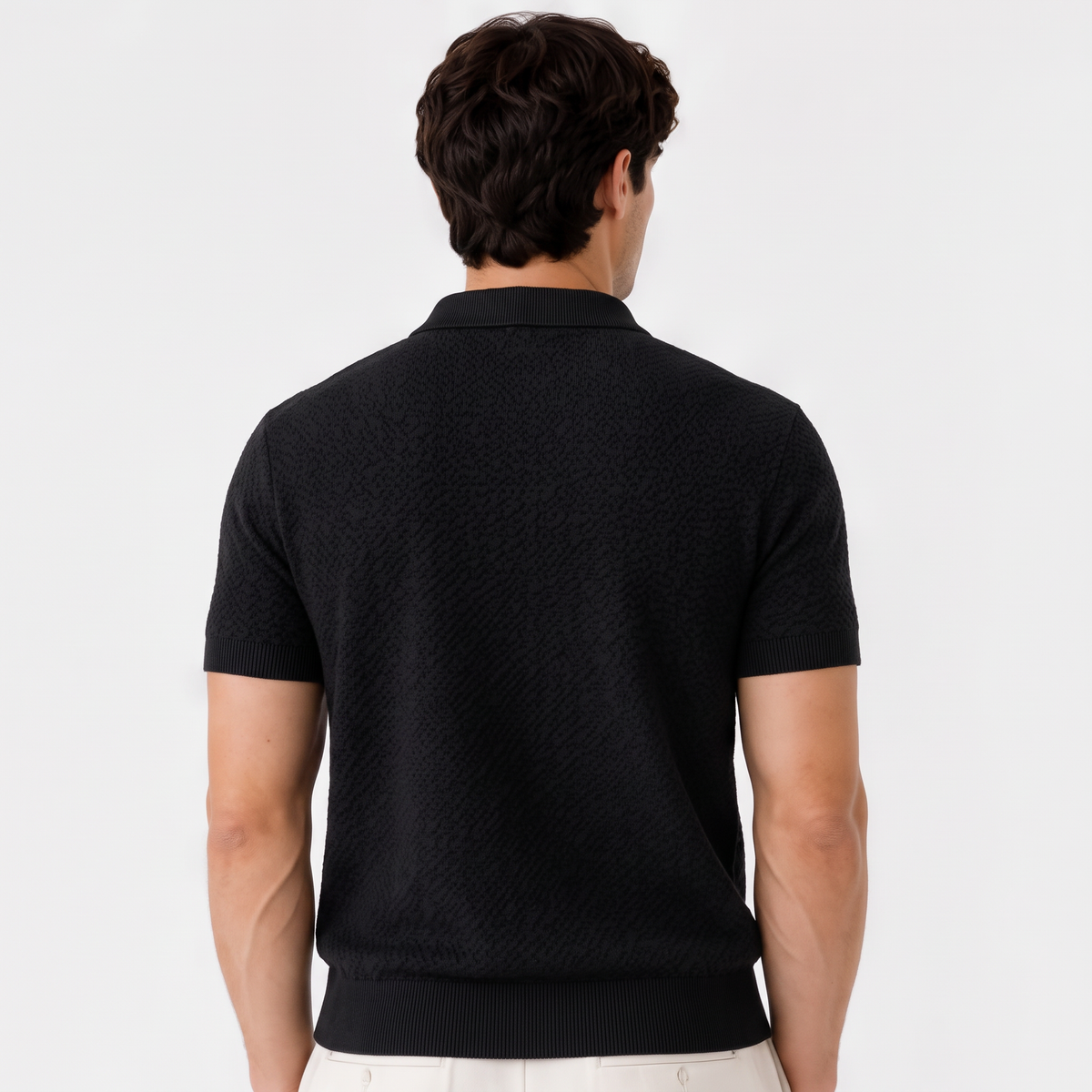 Halston black back - textured knit half-zip polo