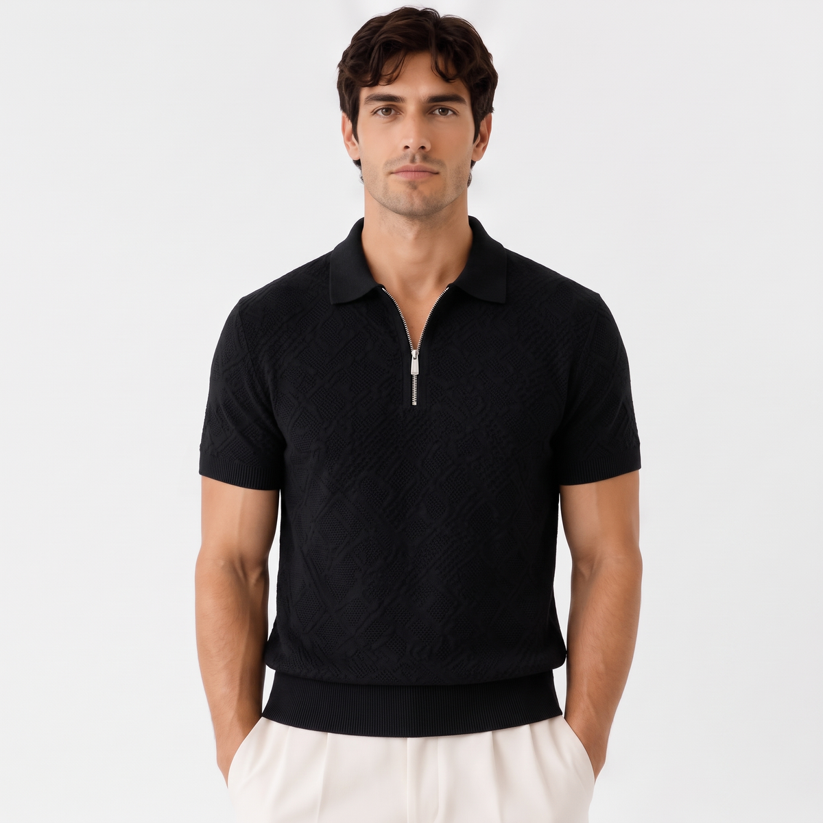 Halston black front - textured knit half-zip polo