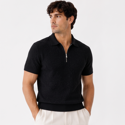 Halston black three quarter - textured knit half-zip polo