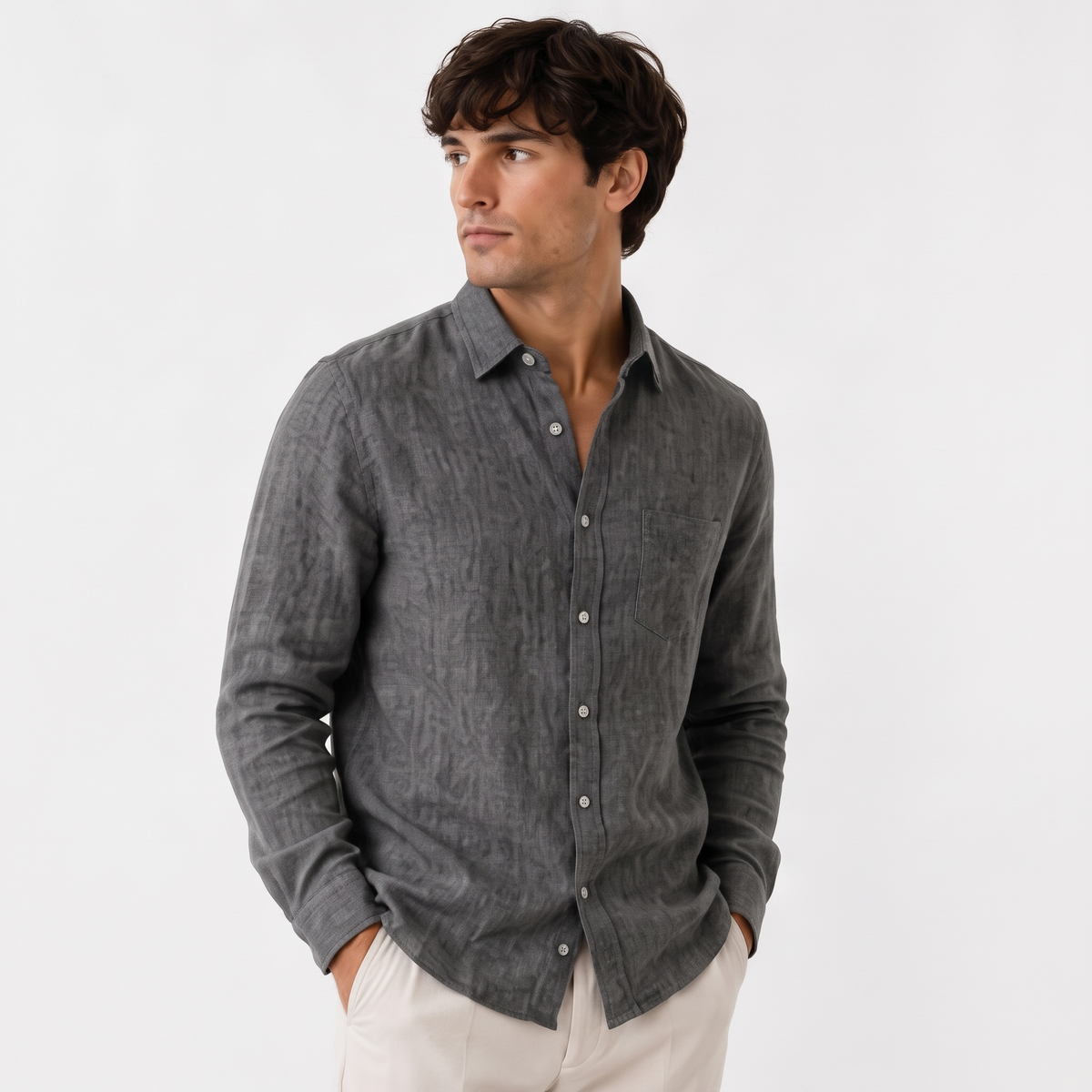 Cassian charcoal three quarter - linen blend button-down shirt