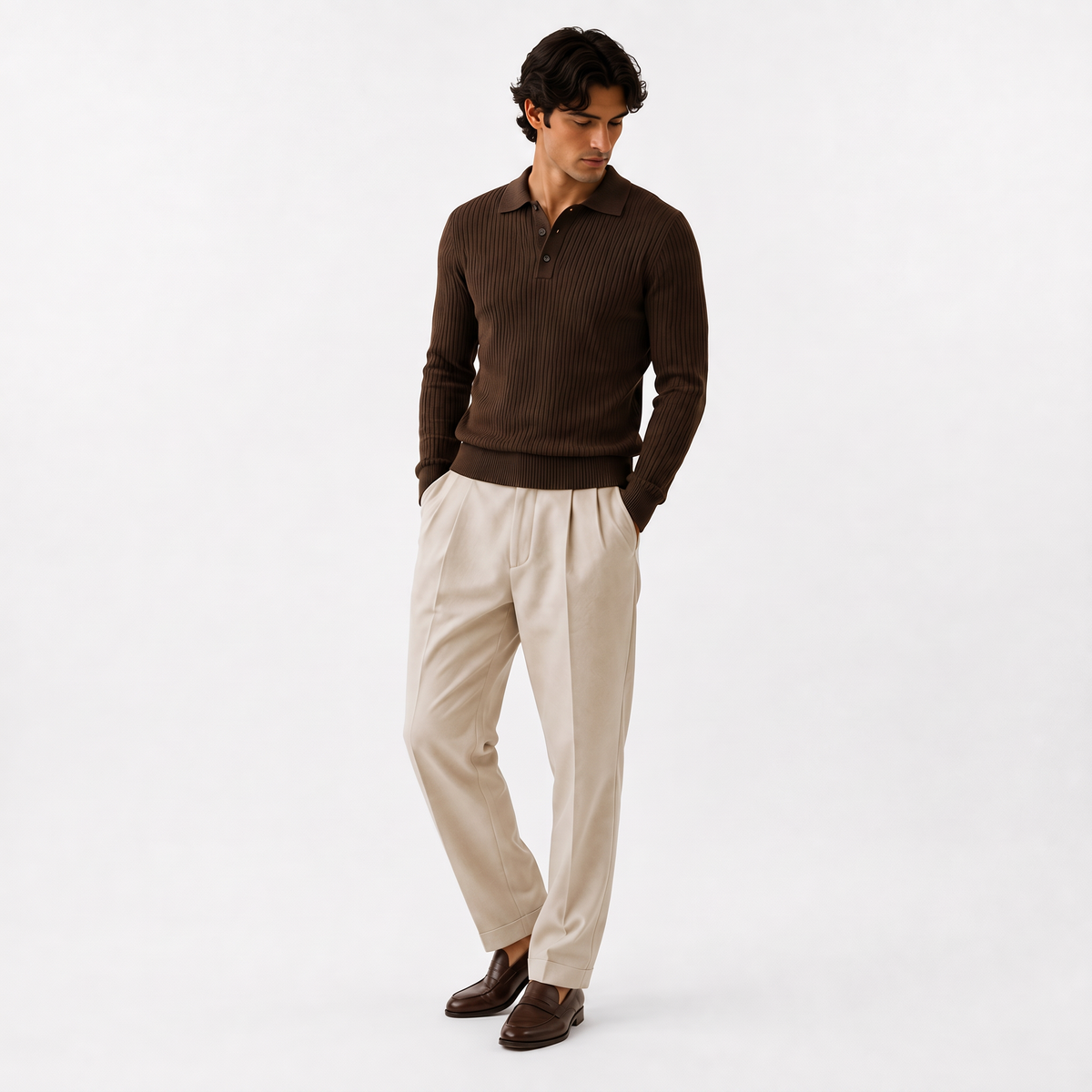 Marlowe brown studio - ribbed long-sleeve knit polo