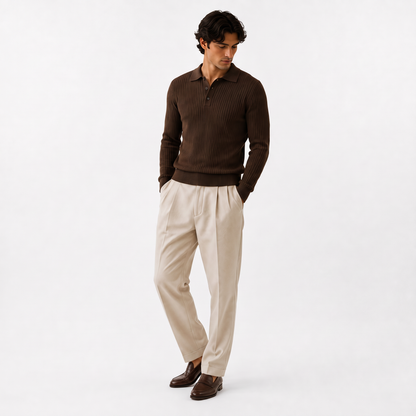 Marlowe brown studio - ribbed long-sleeve knit polo