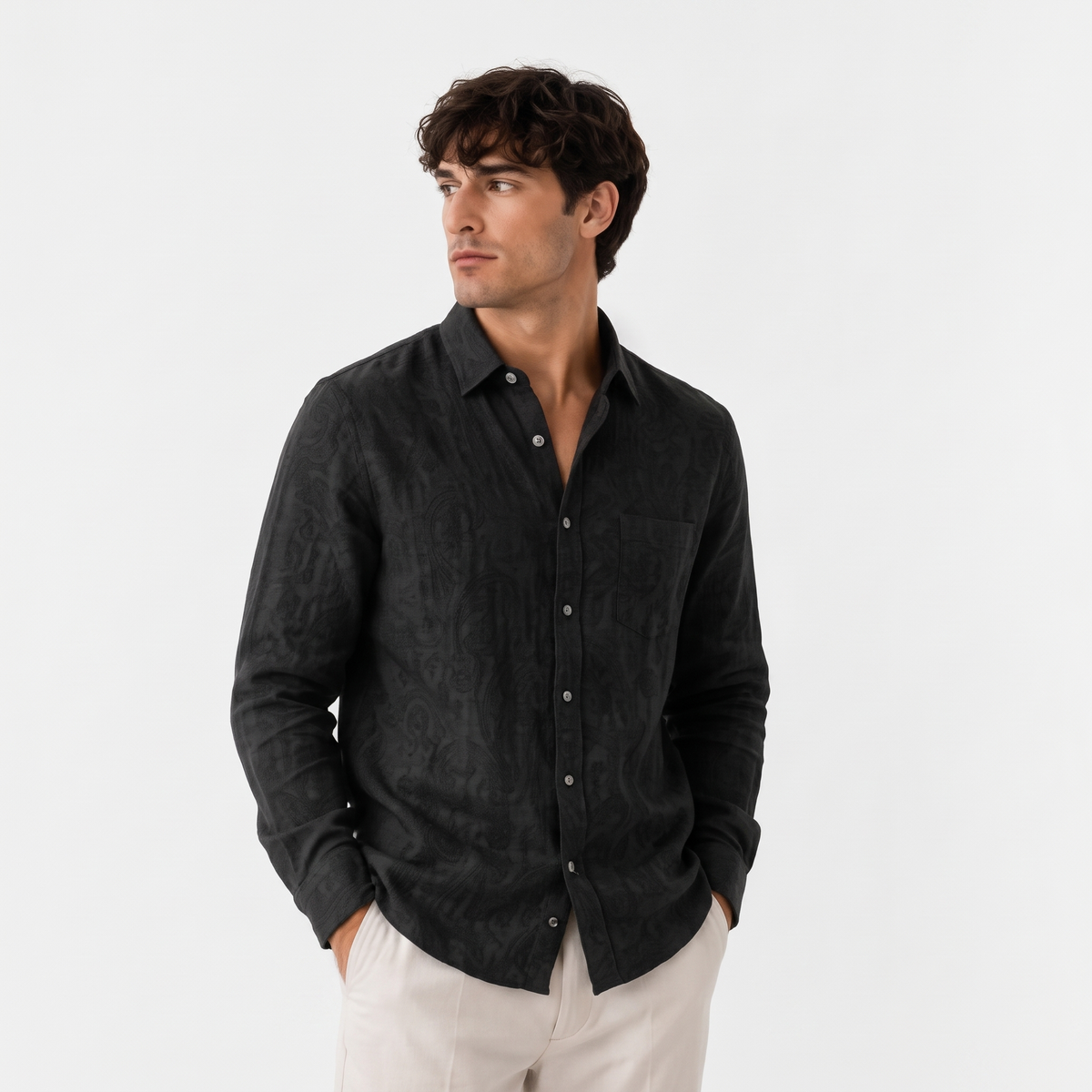 Cassian black three quarter - linen blend button-down shirt