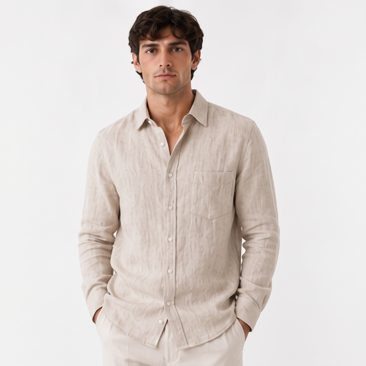 Cassian sand front - linen blend button-down shirt