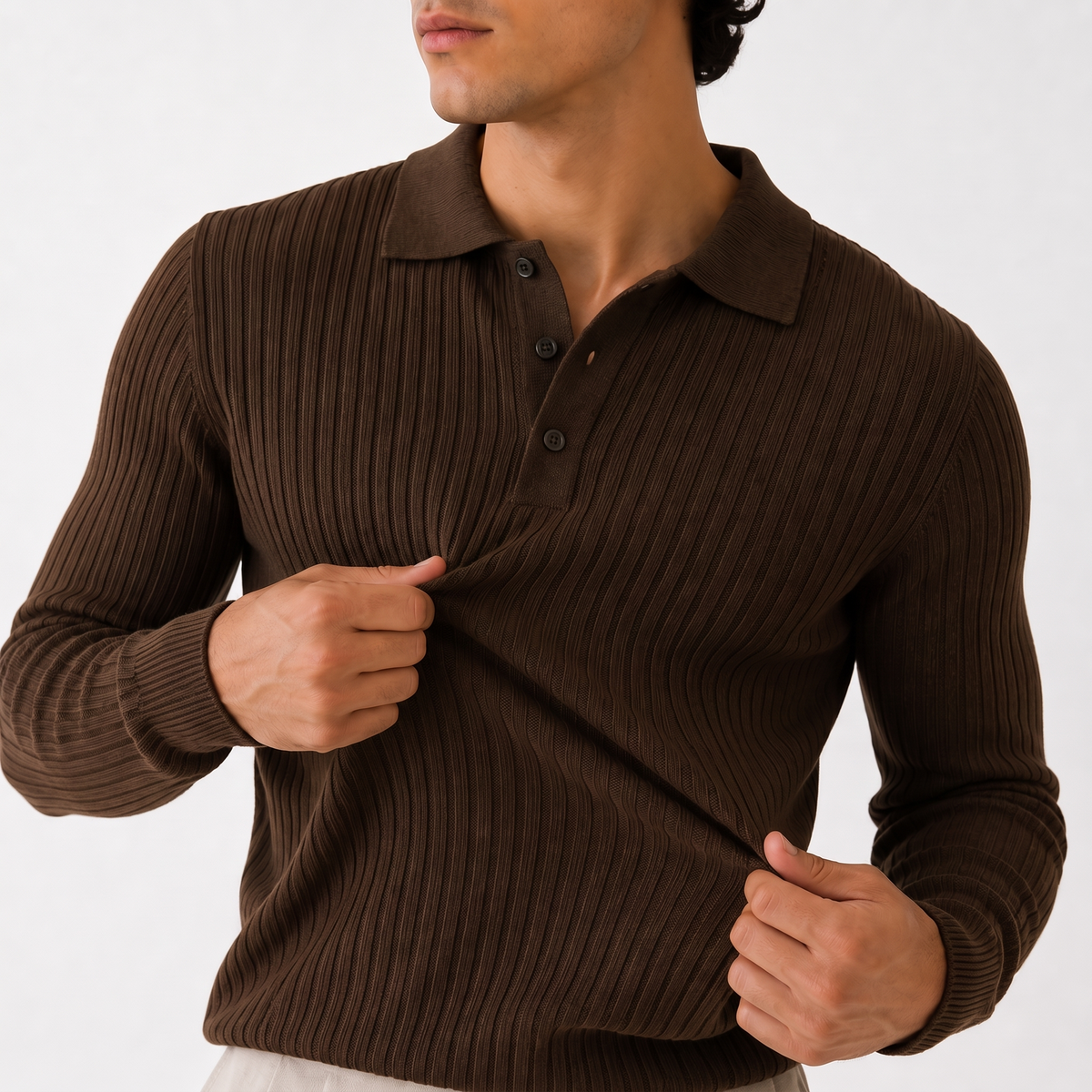 Marlowe brown rib detail - ribbed long-sleeve knit polo