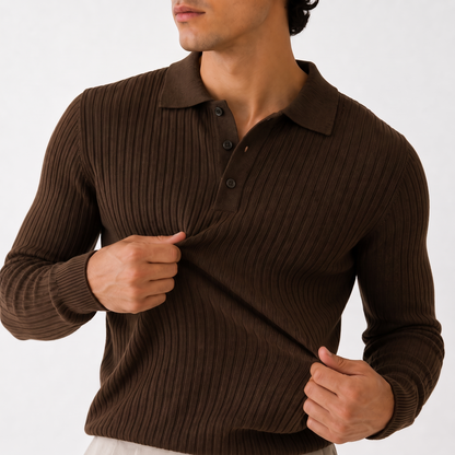 Marlowe brown rib detail - ribbed long-sleeve knit polo