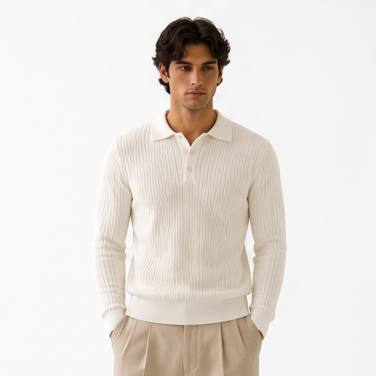 Marlowe white front - ribbed long-sleeve knit polo