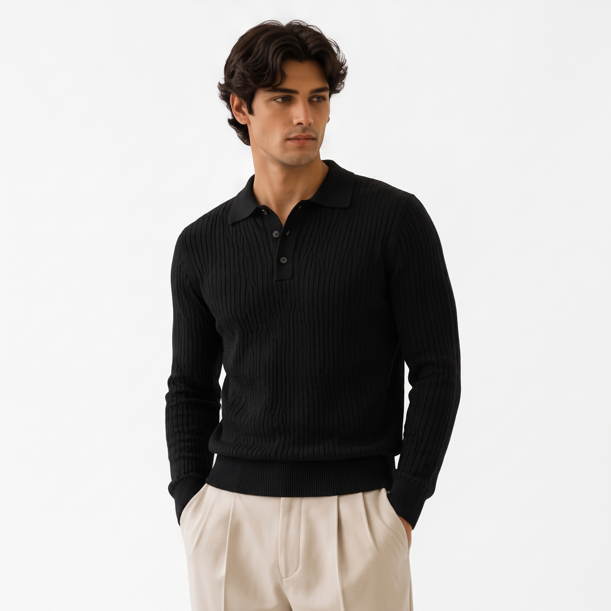 Marlowe black front - ribbed long-sleeve knit polo