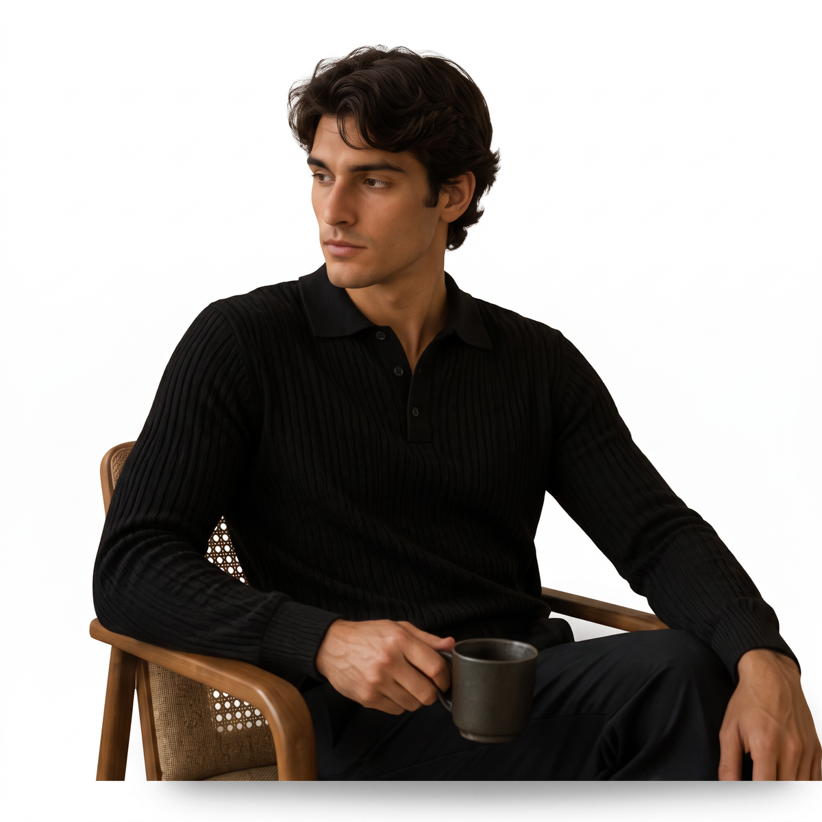Marlowe black studio portrait - ribbed long-sleeve knit polo