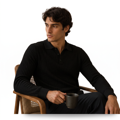 Marlowe black studio portrait - ribbed long-sleeve knit polo