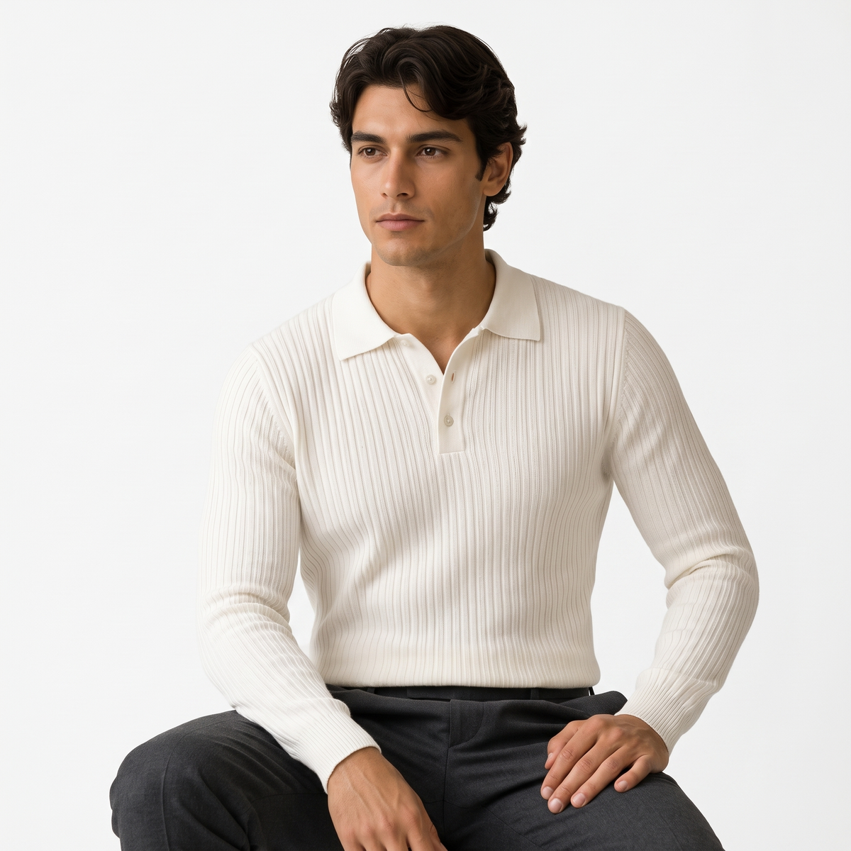 Marlowe white studio portrait - ribbed long-sleeve knit polo