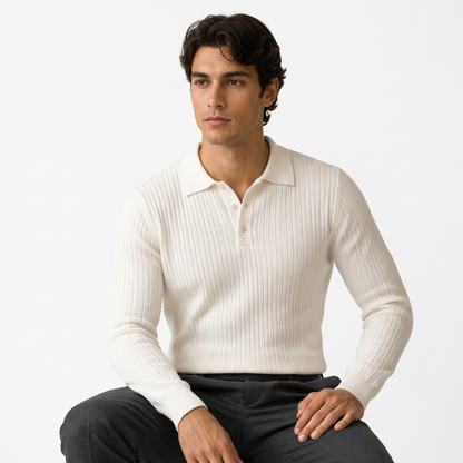 Marlowe white studio portrait - ribbed long-sleeve knit polo
