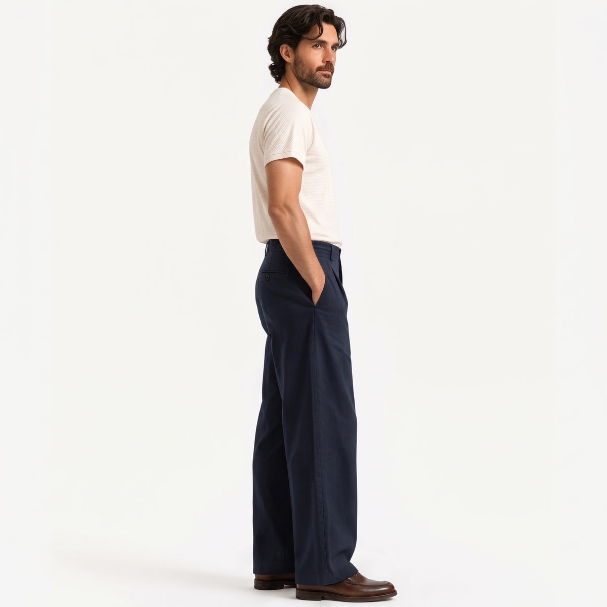Rylan navy side - wide-leg straight casual trousers