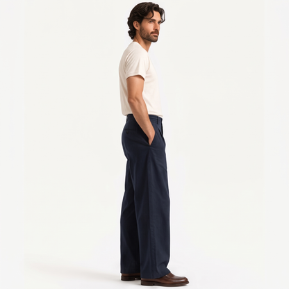 Rylan navy side - wide-leg straight casual trousers